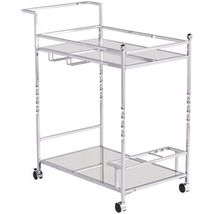 Pemberly Row Glass Mirrored Metal Bar Cart in Chrome Finish