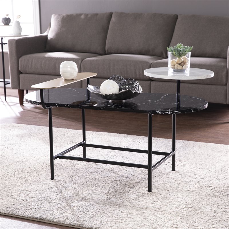 Pemberly Row Modern Metal-Faux Marble Cocktail Table in Black
