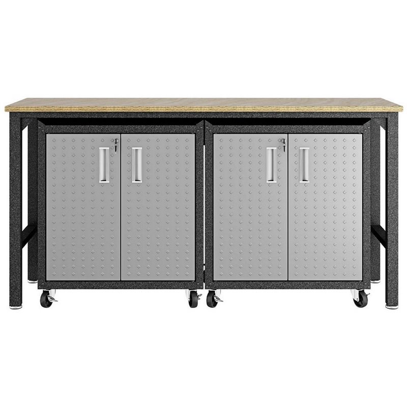 Pemberly Row 3-Piece Modern Metal Garage Cabinet & Worktable Set in Gray