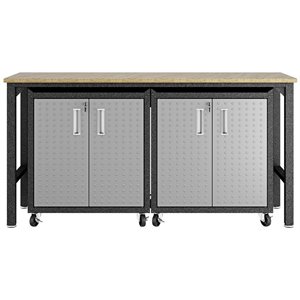 pemberly row metal 3 pc. garage cabinet & worktable set in gray