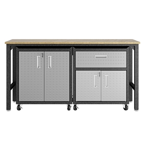 pemberly row metal 3 pc. modern garage cabinet & worktable set in gray