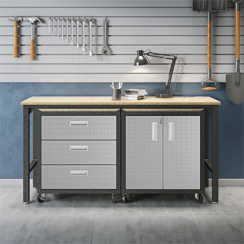 Pemberly Row 3-Piece Modern Metal Worktable & Garage Cabinet Set in Gray