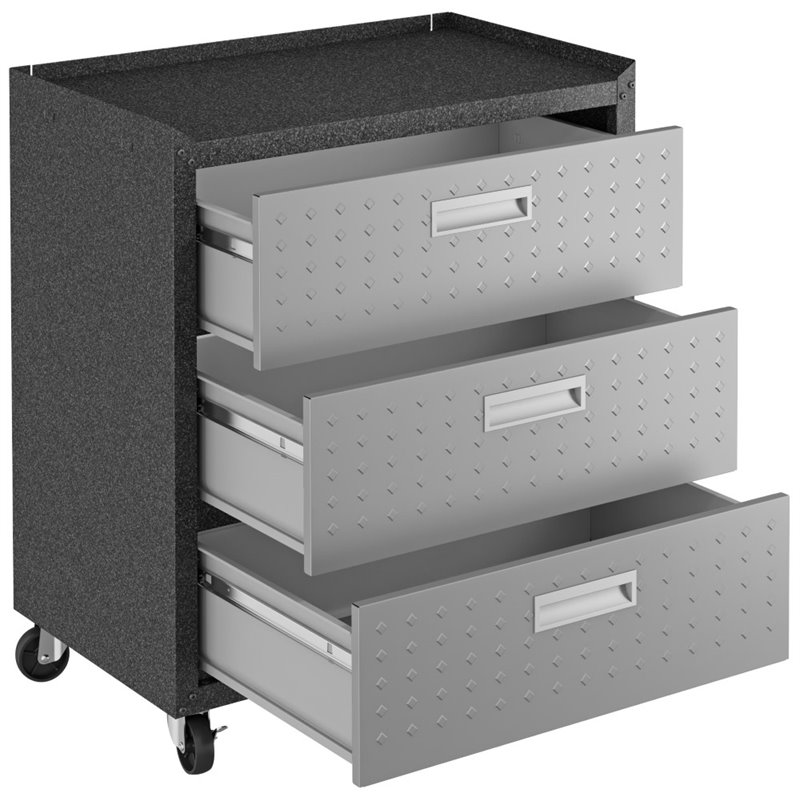 Pemberly Row 3-Piece Modern Metal Worktable & Garage Cabinet Set in Gray