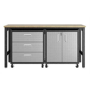 pemberly row metal 3 pc. modern garage cabinet & worktable set in gray