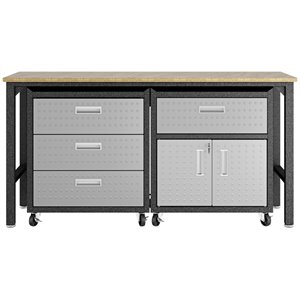pemberly row metal 3 pc. garage cabinet & worktable set in gray