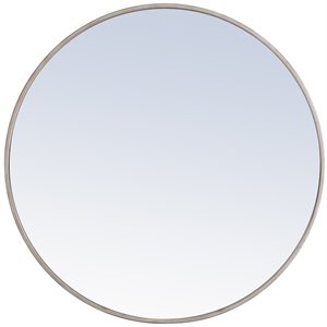 Pemberly Row 32&quot Round Contemporary Metal Frame Mirror in Silver