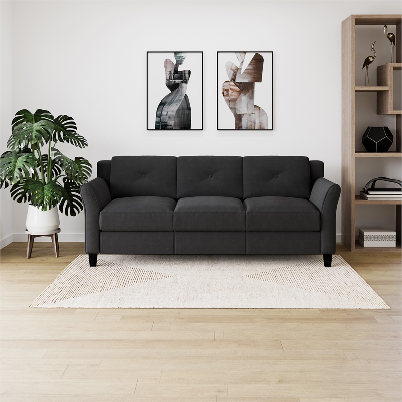 Pemberly Row Tufted Modern Polyester Microfiber Sofa with Curved Arm in Black