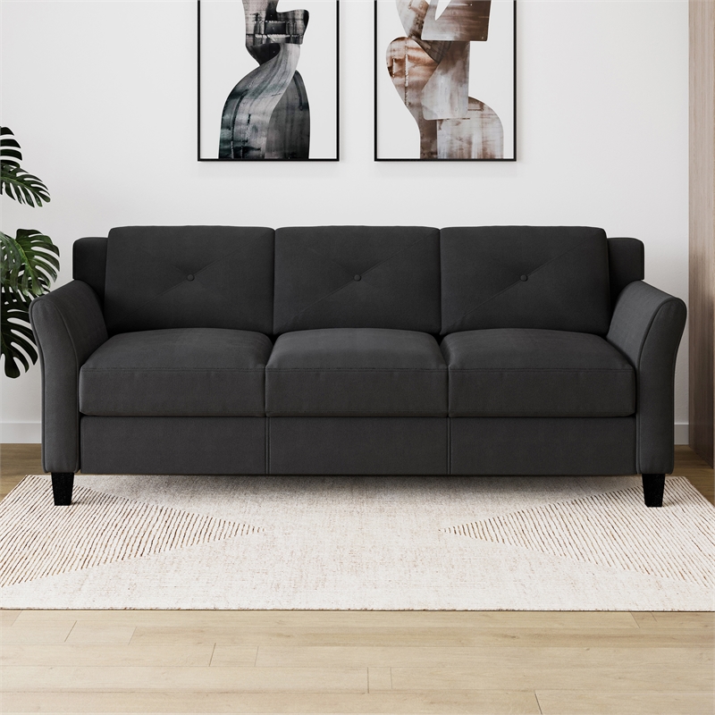 Pemberly Row Tufted Modern Polyester Microfiber Sofa with Curved Arm in Black