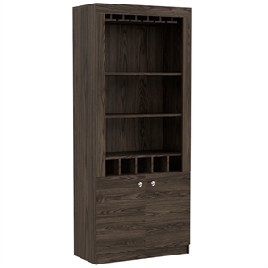 pemberly row bar cabinet made of engineered wood in a dark walnut finish