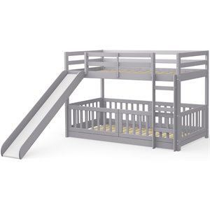pemberly row modern solid wood low loft bunk bed with slide & guardrail in gray