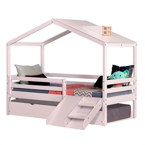 pemberly row daybed for kids with trundle and mini slide and roof in white