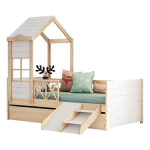 pemberly row wood twin daybed with trundle/roof and slide in white/oak