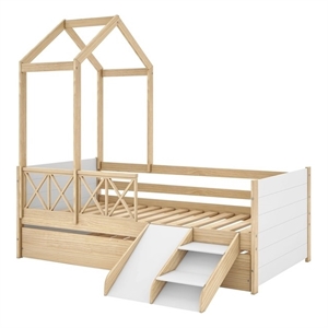 pemberly row wood twin daybed with trundle/roof/slide/guardrail in white/oak