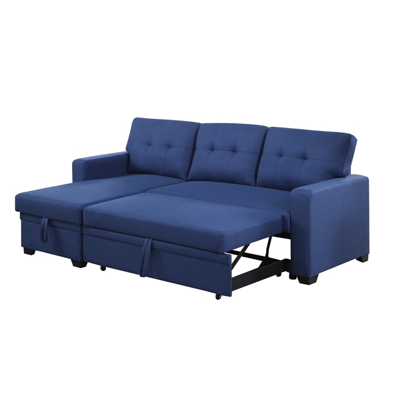 Pemberly Row Polyester Fabric Reversible Sleeper Sectional Sofa in Blue