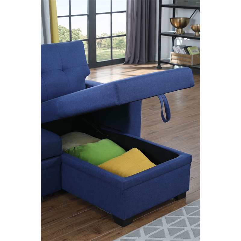 Pemberly Row Polyester Fabric Reversible Sleeper Sectional Sofa in Blue