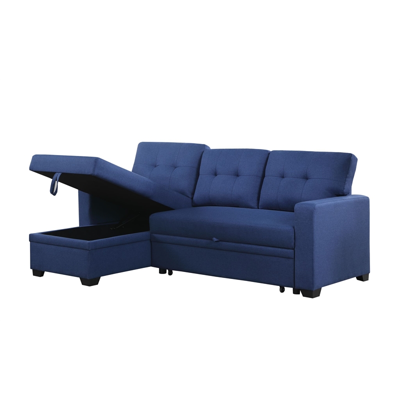 Pemberly Row Polyester Fabric Reversible Sleeper Sectional Sofa in Blue