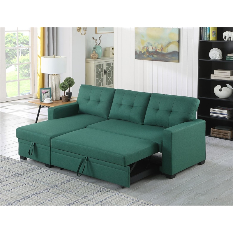 Pemberly Row Polyester Fabric Reversible Sleeper Sectional Sofa in Green