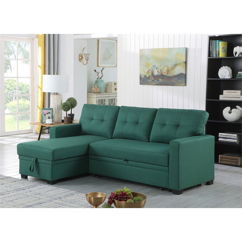 Pemberly Row Polyester Fabric Reversible Sleeper Sectional Sofa in Green