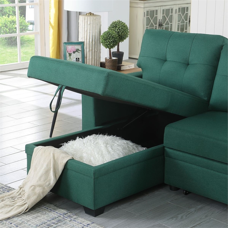 Pemberly Row Polyester Fabric Reversible Sleeper Sectional Sofa in Green