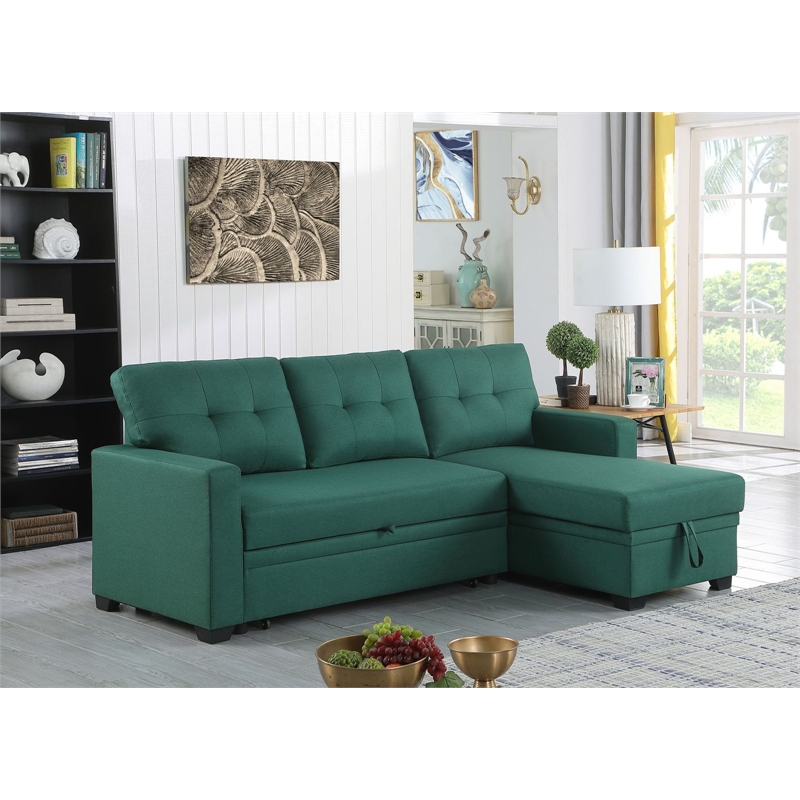 Pemberly Row Polyester Fabric Reversible Sleeper Sectional Sofa in Green