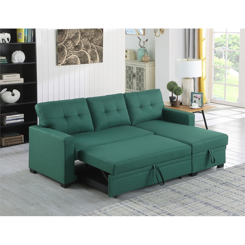Pemberly Row Polyester Fabric Reversible Sleeper Sectional Sofa in Green