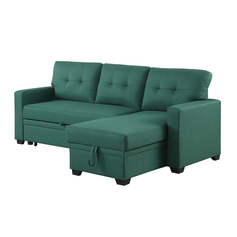 Pemberly Row Polyester Fabric Reversible Sleeper Sectional Sofa in Green