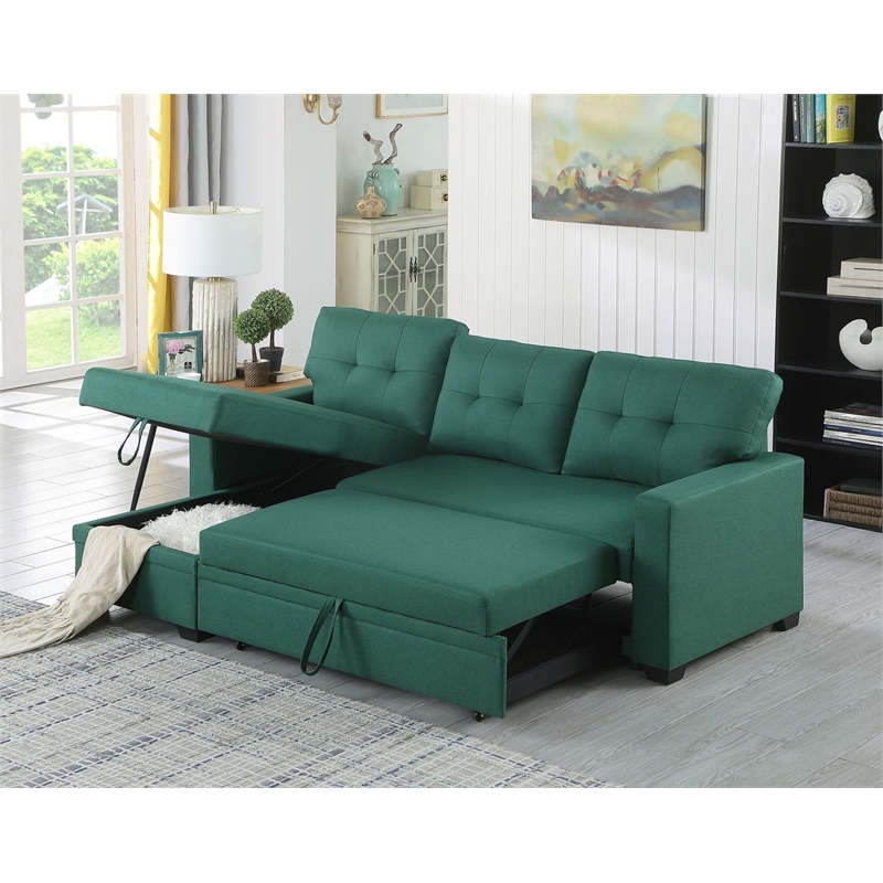 Pemberly Row Polyester Fabric Reversible Sleeper Sectional Sofa in Green