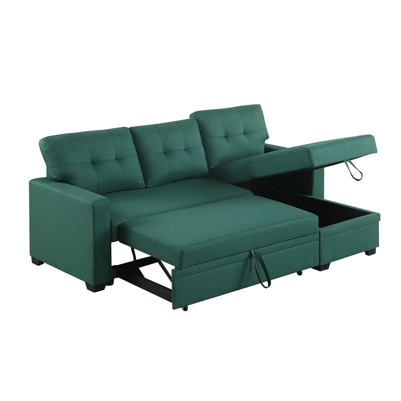 Pemberly Row Polyester Fabric Reversible Sleeper Sectional Sofa in Green