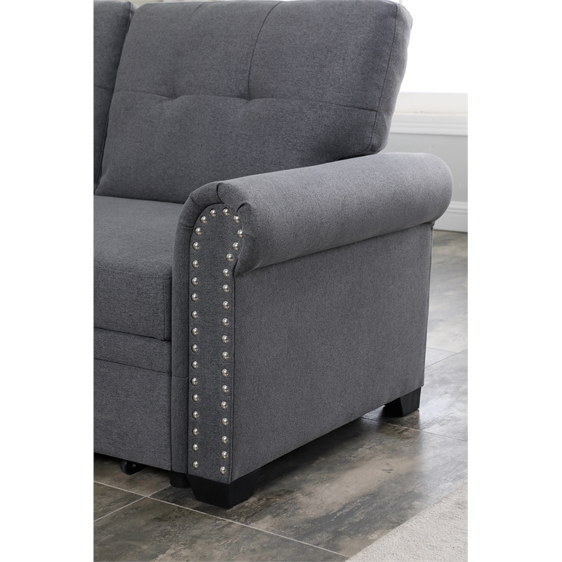 Pemberly Row Reversible Fabric Sleeper Sofa with Storage Chaise in Dark Gray