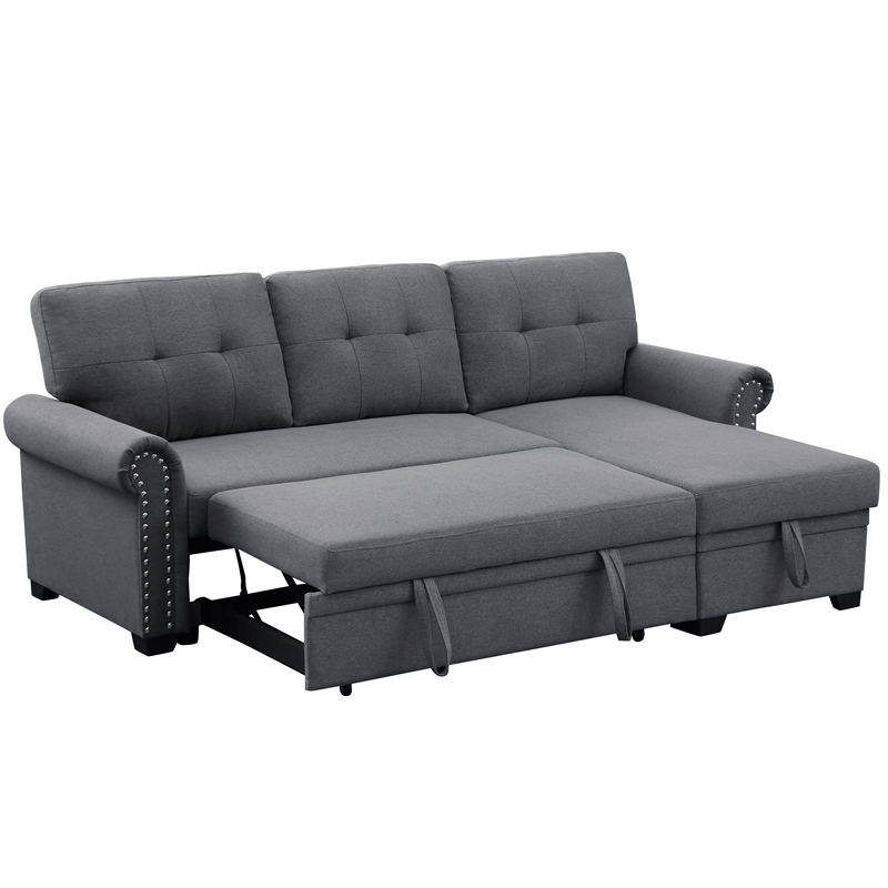 Pemberly Row Reversible Fabric Sleeper Sofa with Storage Chaise in Dark Gray