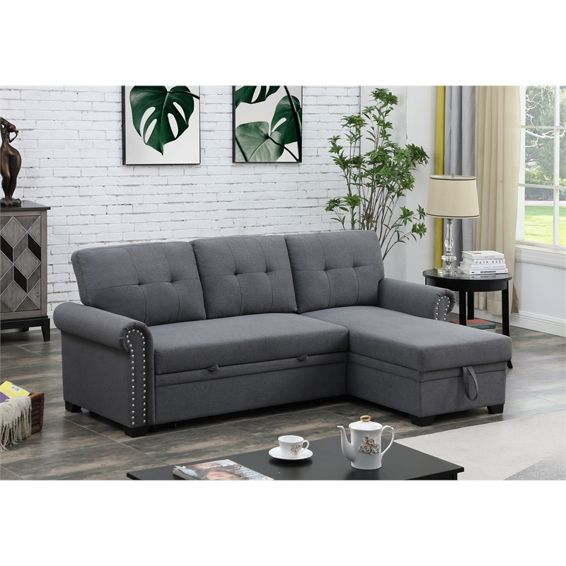 Pemberly Row Reversible Fabric Sleeper Sofa with Storage Chaise in Dark Gray