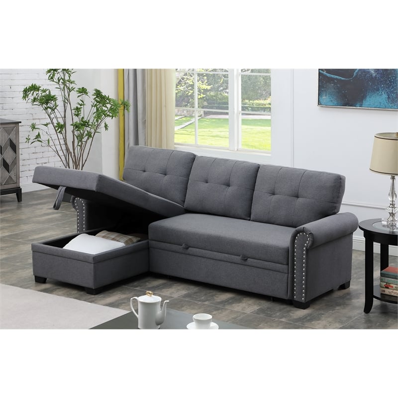 Pemberly Row Reversible Fabric Sleeper Sofa with Storage Chaise in Dark Gray