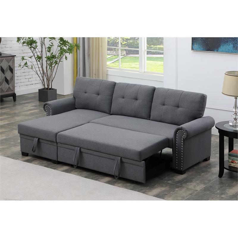 Pemberly Row Reversible Fabric Sleeper Sofa with Storage Chaise in Dark Gray