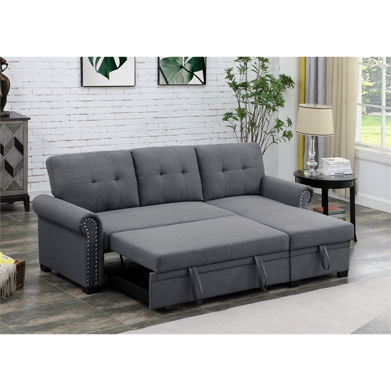 Pemberly Row Reversible Fabric Sleeper Sofa with Storage Chaise in Dark Gray