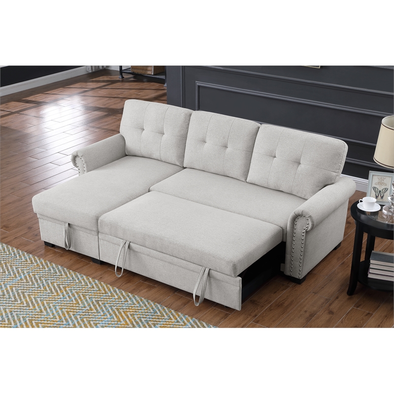 Pemberly Row Reversible Fabric Sleeper Sofa with Storage Chaise in Light Gray