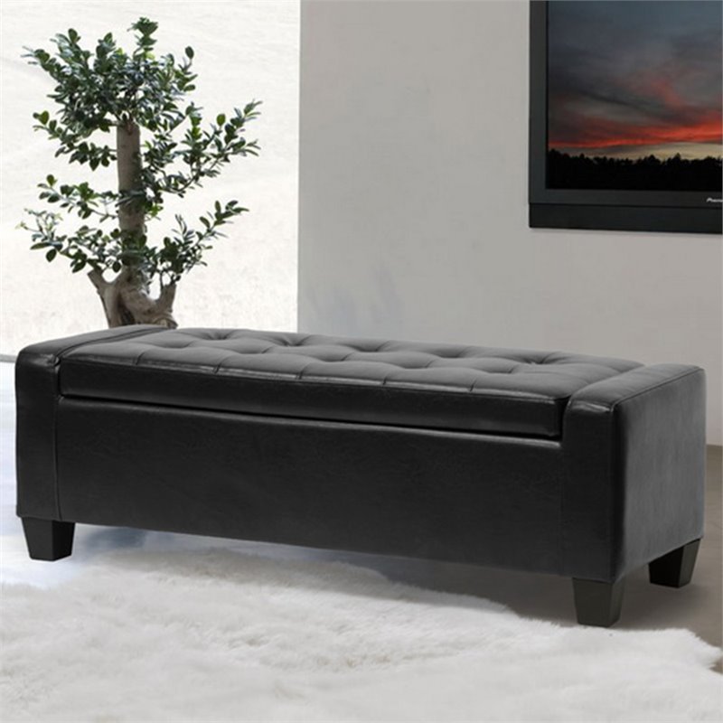 Pemberly Row Leather Tufted Storage Ottoman Bench in Black Finish