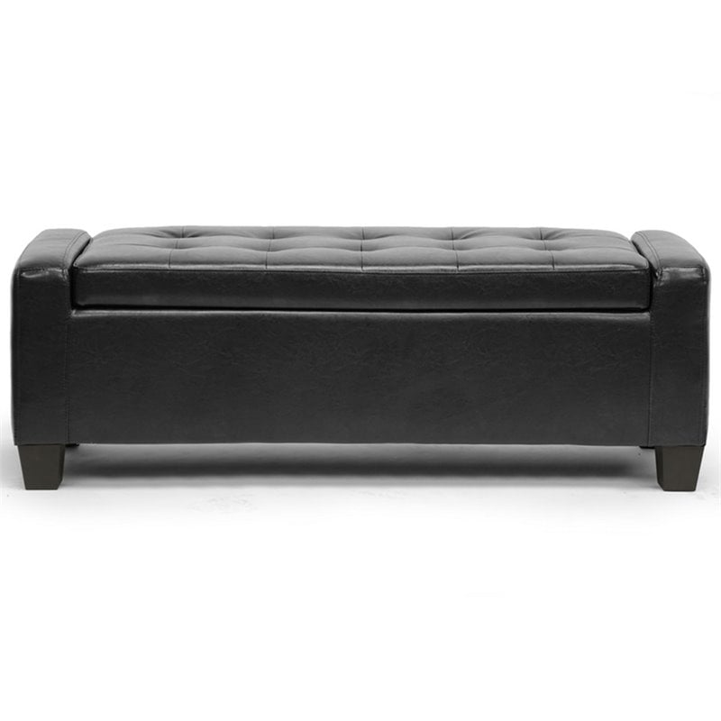 Pemberly Row Leather Tufted Storage Ottoman Bench in Black Finish