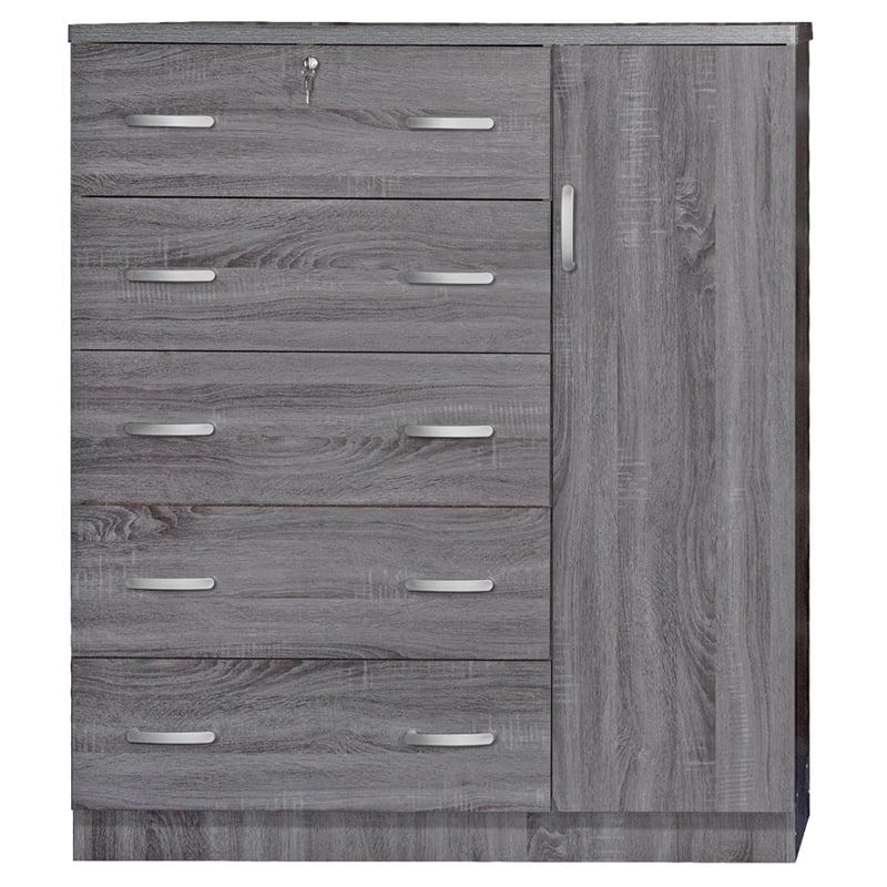 Pemberly Row 5 Drawer Wooden Tall Chest Wardrobe in Gray Finish
