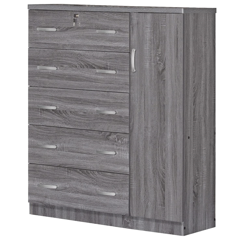 Pemberly Row 5 Drawer Wooden Tall Chest Wardrobe in Gray Finish