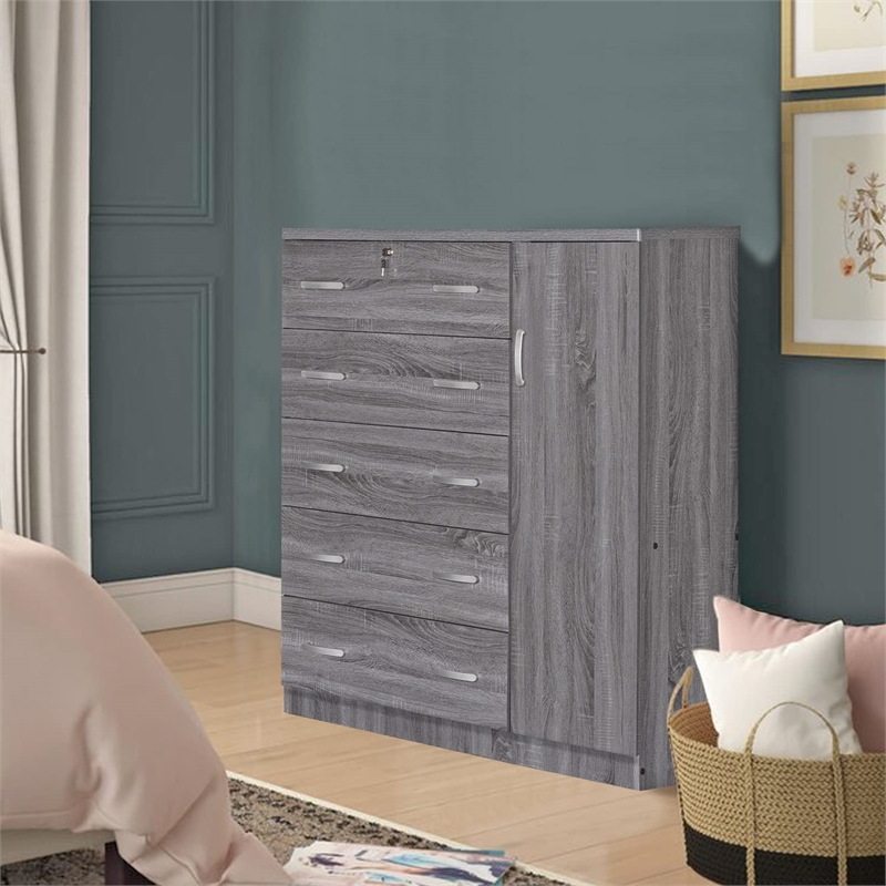 Pemberly Row 5 Drawer Wooden Tall Chest Wardrobe in Gray Finish