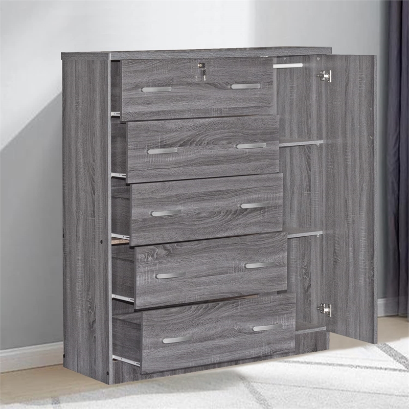 Pemberly Row 5 Drawer Wooden Tall Chest Wardrobe in Gray Finish