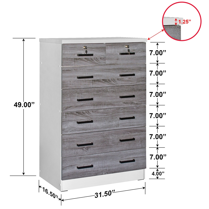 Pemberly Row 7 Drawer Chest Wooden Dresser in Gray & White Finish