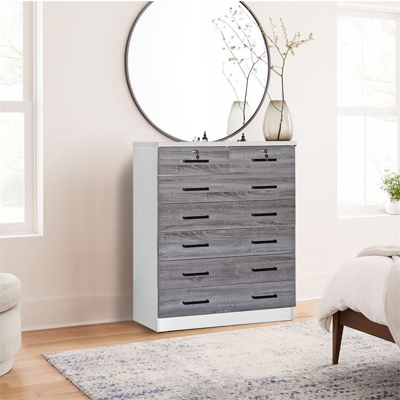 Pemberly Row 7 Drawer Chest Wooden Dresser in Gray & White Finish