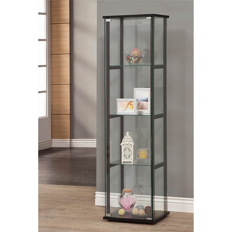 Pemberly Row Contemporary Wood 4 Shelf Glass Curio Cabinet in Black
