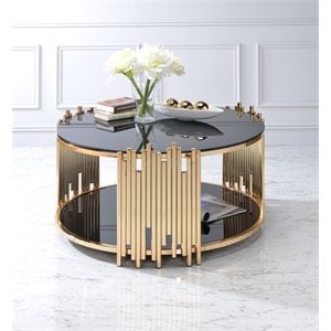 Pemberly Row Modern Round Glass Top Coffee Table in Black and Gold