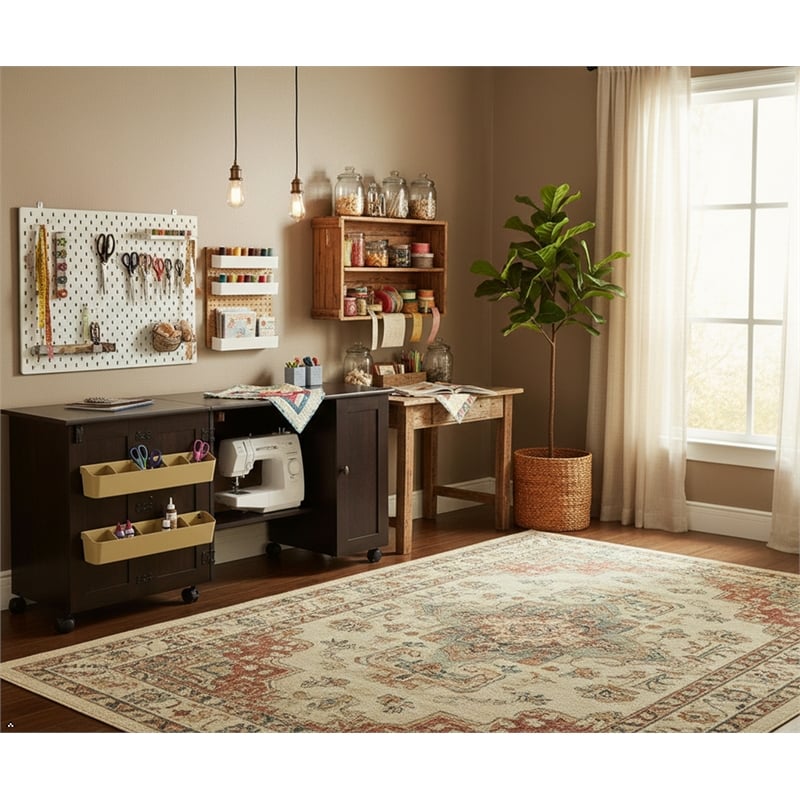 Pemberly Row Engineered Wood Craft and Mobile Sewing Cart in Cinnamon Cherry