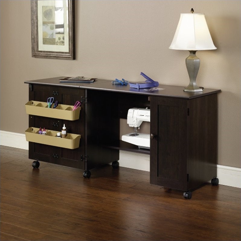Pemberly Row Engineered Wood Craft and Mobile Sewing Cart in Cinnamon Cherry