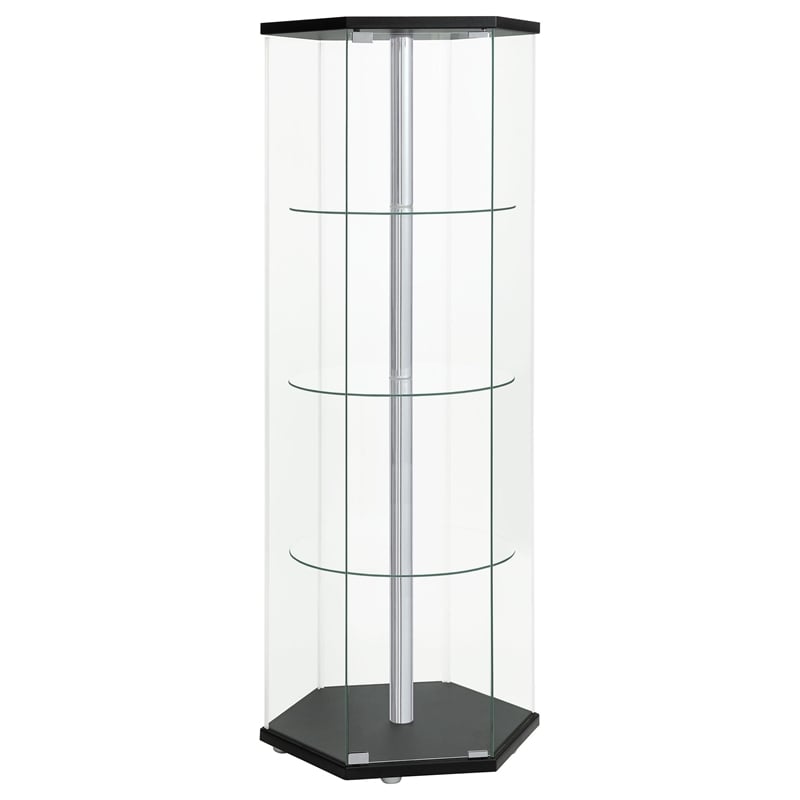 Pemberly Row Hexagonal Contemporary Glass Curio Cabinet in Black