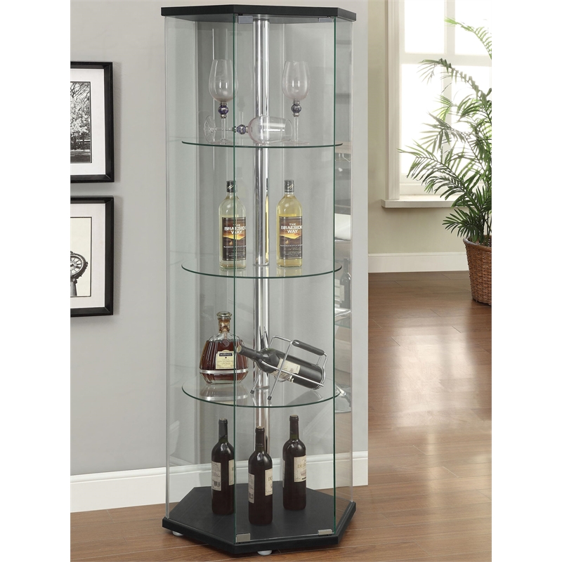 Pemberly Row Hexagonal Contemporary Glass Curio Cabinet in Black