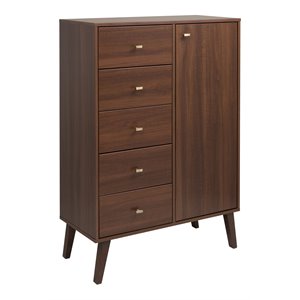 pemberly row 5-drawer mid-century modern wood chest with door in cherry